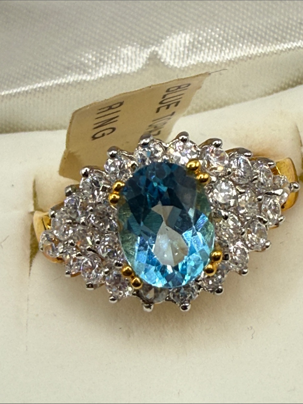 Vintage Blue Topaz Halo Cocktail Ring with Clear Accent CZ Stones plated piece